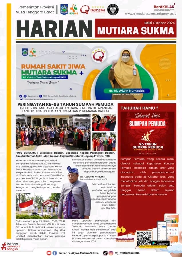 PERINGATAN KE - 96 TAHUN SUMPAH PEMUDA : DIREKTUR RSJ MUTIARA SUKMA HADIRI UPACARA BENDERA DI LAPANGAN KANTOR DINAS PEKERJAAN UMUM DAN PERUMAHAN RAKYAT